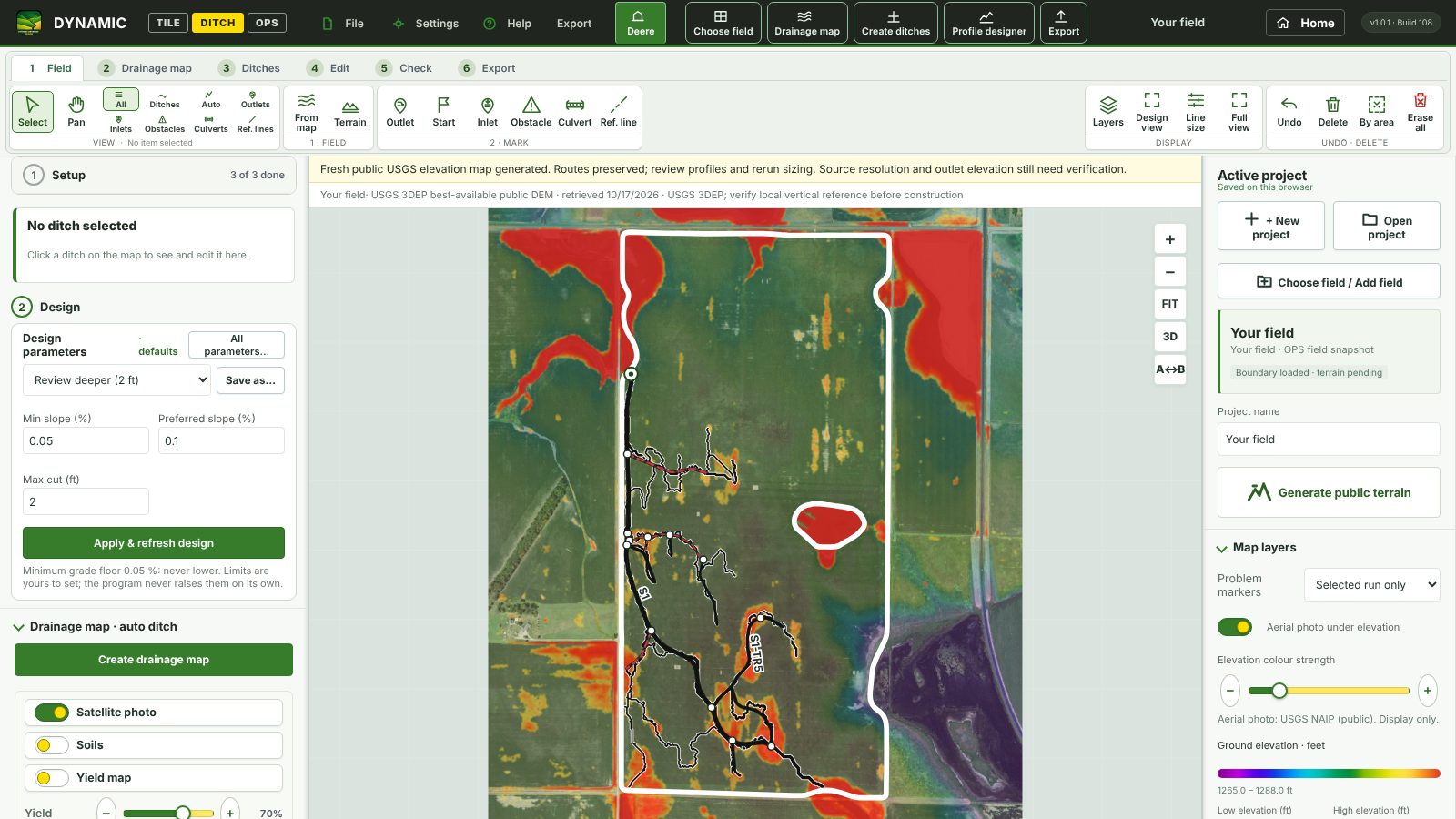 Ditch workspace with the field outline on the aerial photo and the ditch settings panel