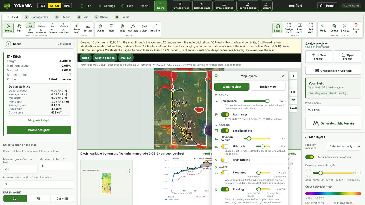 Map layers box over the map: design lines, photo, elevation, hillshade, soils, flow lines, ponding, wetness index