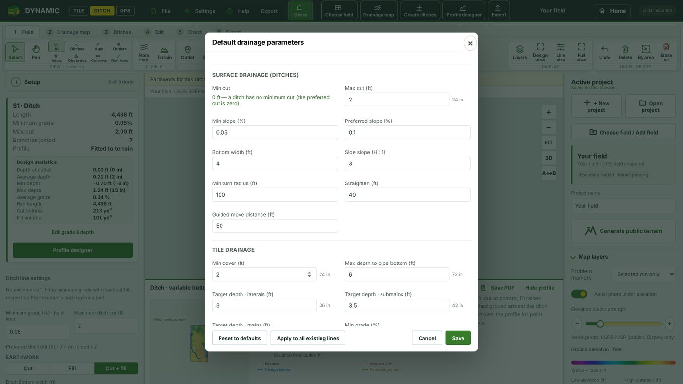 Default drainage parameters dialog
