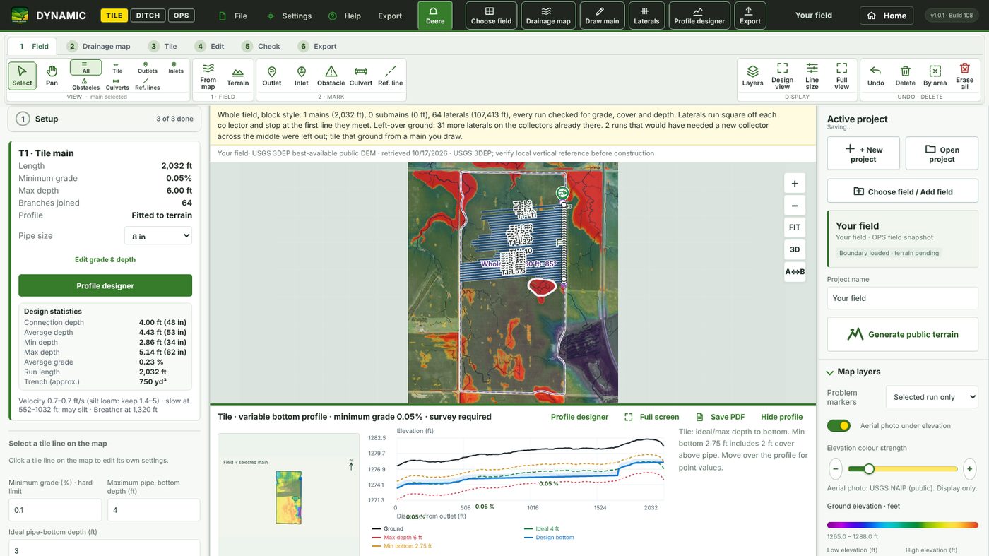 Tile main T1 selected with run statistics and the side profile